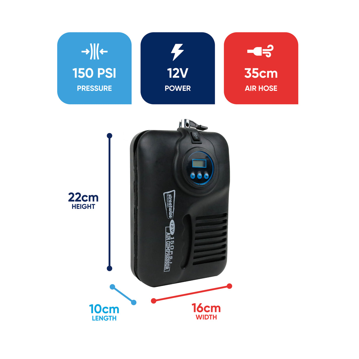 Streetwize 150PSI 12V Compact Digital Air Compressor with Auto Shut-Off Streetwize