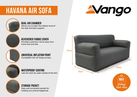 VANGO Havana Air Sofa - Grey L170 X W81 X H70cm VANGO