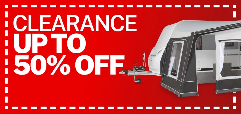 A banner depicting an awning with a caption highlighting Clearance upto 50%.